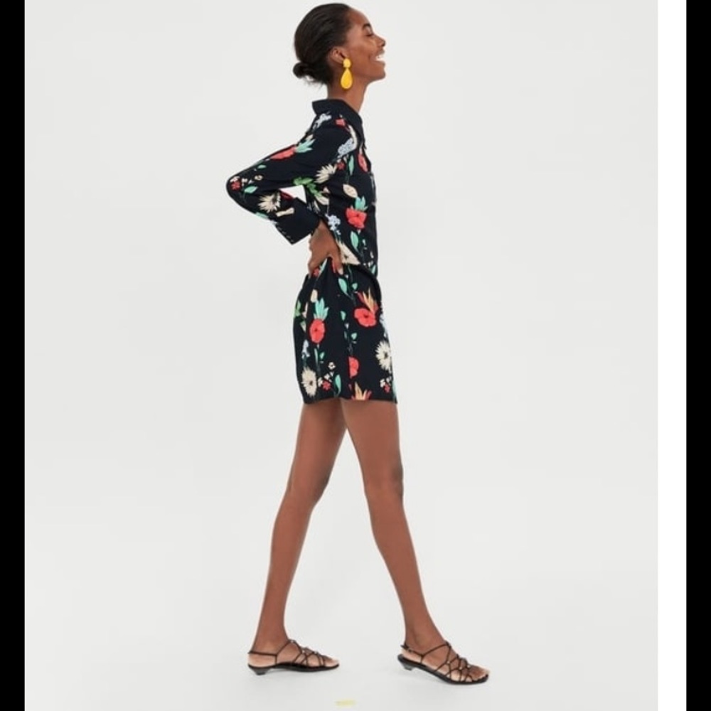 Zara shirt dress black collared floral print.